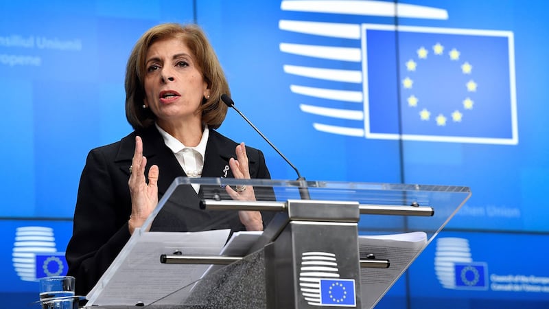 2020年2月13日,欧盟卫生与食品安全专员斯特拉·基里亚基德斯(Stella Kyriakides)在欧盟总部于布鲁塞尔举行卫生部长会议上关于冠状病毒COVID-19的新闻发布会上发表讲话。(法新社)