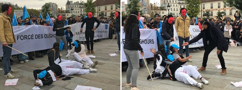 为抗议中国在新疆针对维吾尔人施行的种族灭绝政策，欧洲维吾尔研究所和几个欧洲维吾尔侨民组织， 2 日下午在巴士底广场发起示威游行活动。（记者蔡凌提供）